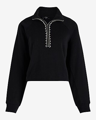Rhinestone Trim Quarter Zip Boxy Fleece Sweatshirt | Express