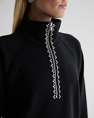Rhinestone Trim Quarter Zip Boxy Fleece Sweatshirt | Express
