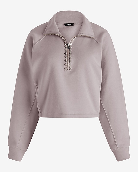 Rhinestone Trim Quarter Zip Boxy Fleece Sweatshirt | Express Rhinestone Trim Quarter Zip Boxy Fleece Sweatshirt | Express