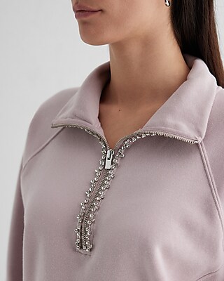 Rhinestone Trim Quarter Zip Boxy Fleece Sweatshirt