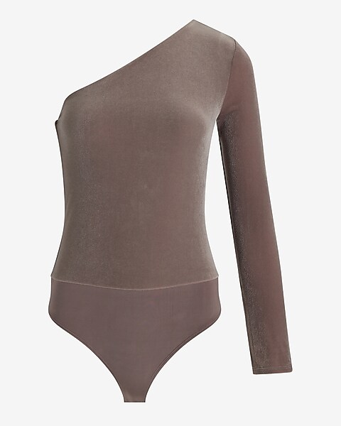 Express Bodycon Velvet Off The Shoulder Asymmetrical Wrap Thong Bodysuit  Brown Women's XL