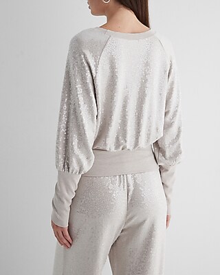 express sequin long sleeve banded bottom top purple women's xxs