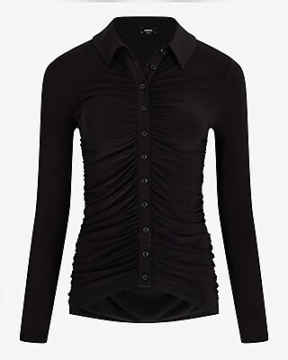 Ruched Long Sleeve Button Up Polo Top