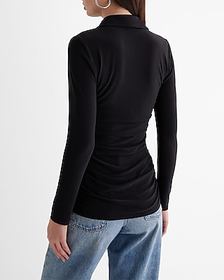 Ruched Long Sleeve Button Up Polo Top
