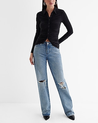 Ruched Long Sleeve Button Up Polo Top