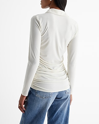 Ruched Long Sleeve Button Up Polo Top