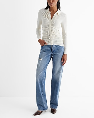 Ruched Long Sleeve Button Up Polo Top