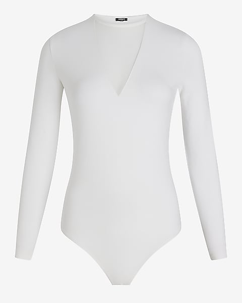 Express Fitted Mesh Pieced Crew Neck Long Sleeve Bodysuit White Women's XL