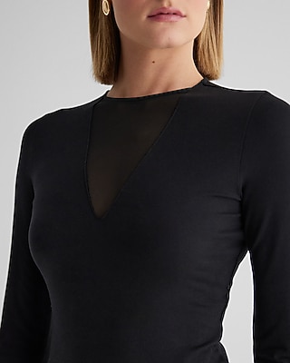 Fitted Mesh Pieced Crew Neck Long Sleeve Bodysuit
