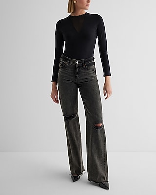 Fitted Mesh Pieced Crew Neck Long Sleeve Bodysuit