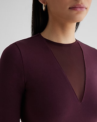 Fitted Mesh Pieced Crew Neck Long Sleeve Bodysuit