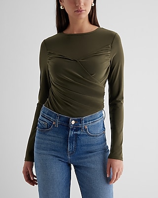 Crew Neck Long Sleeve Wrap Front Tee