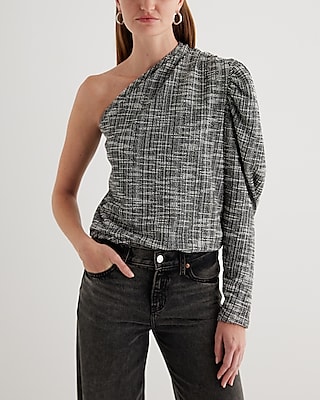 Skimming Tweed One Shoulder Puff Sleeve Top