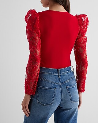 LS CREPE VEE NK LACE SLV BDYST 8611357:PITCH BLACK:XL