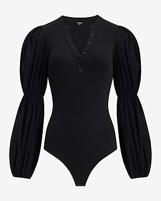 V-Neck Long Puff Sleeve Henley Bodysuit