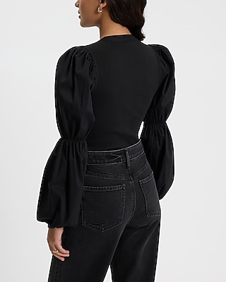 V-Neck Long Puff Sleeve Henley Bodysuit
