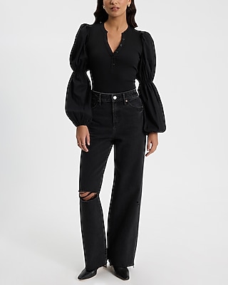 V-Neck Long Puff Sleeve Henley Bodysuit