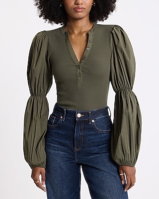 V-Neck Long Puff Sleeve Henley Bodysuit