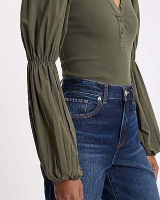 V-Neck Long Puff Sleeve Henley Bodysuit