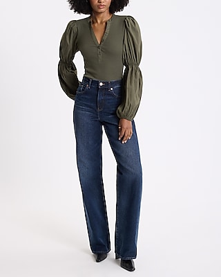 V-Neck Long Puff Sleeve Henley Bodysuit