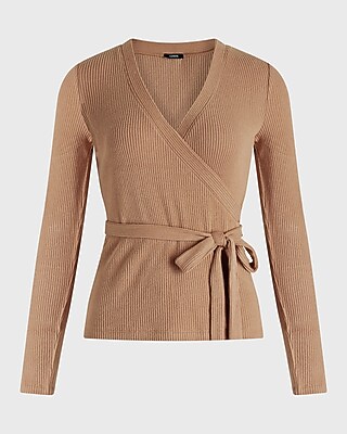 Ribbed Cozy Knit V-Neck Surplice Tie Waist Top