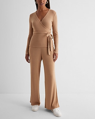 Ribbed Cozy Knit V-Neck Surplice Tie Waist Top
