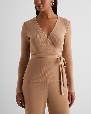 Ribbed Cozy Knit V-Neck Surplice Tie Waist Top