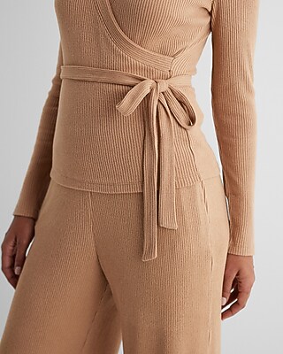 Ribbed Cozy Knit V-Neck Surplice Tie Waist Top