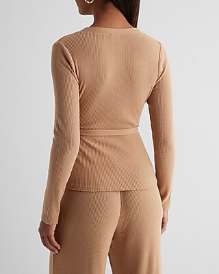 Ribbed Cozy Knit V-Neck Surplice Tie Waist Top