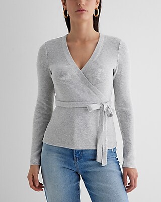 Ribbed Cozy Knit V-neck Surplice Tie Waist Top