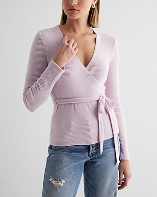 Ribbed Cozy Knit V-Neck Surplice Tie Waist Top