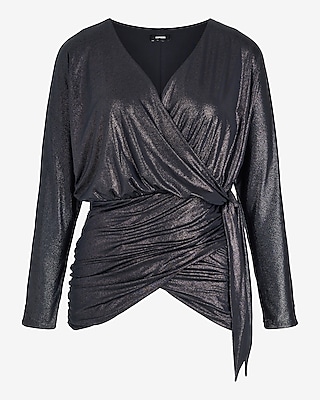 Relaxed Foil V-Neck Surplice Tie Waist Top