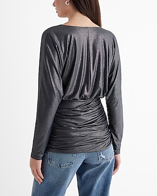 Relaxed Foil V-Neck Surplice Tie Waist Top