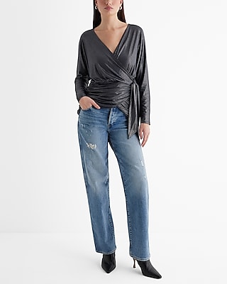 Relaxed Foil V-Neck Surplice Tie Waist Top