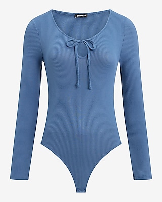 Fitted Ribbed Long Sleeve Tie Front Bodysuit