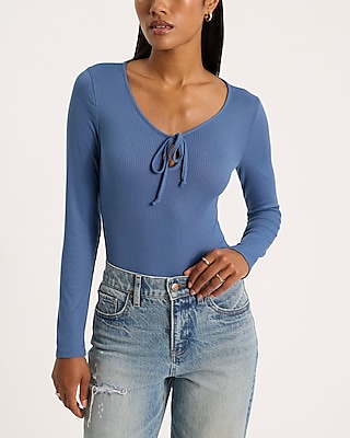 Fitted Ribbed Long Sleeve Tie Front Bodysuit