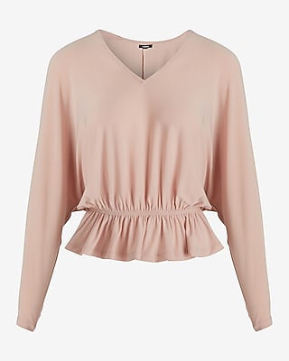 Skimming V-Neck Three Quarter Sleeve Ruched Peplum Tee