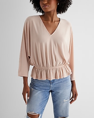 Skimming V-Neck Three Quarter Sleeve Ruched Peplum Tee