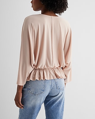 Skimming V-Neck Three Quarter Sleeve Ruched Peplum Tee