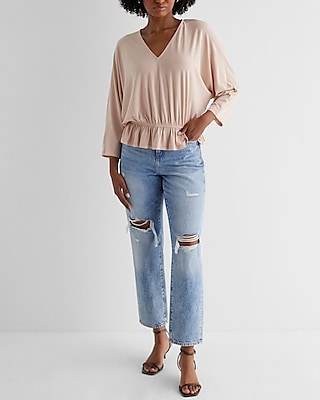 Skimming V-Neck Three Quarter Sleeve Ruched Peplum Tee