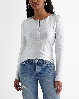 Fitted Ribbed Foil Long Sleeve Henley Tee