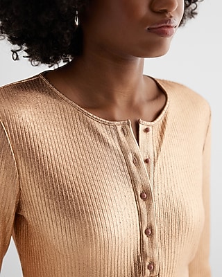 Fitted Ribbed Foil Long Sleeve Henley Tee
