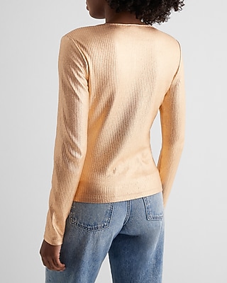 Fitted Ribbed Foil Long Sleeve Henley Tee