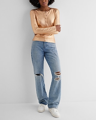 Fitted Ribbed Foil Long Sleeve Henley Tee