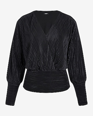 Pleated V-Neck Long Sleeve Surplice Top