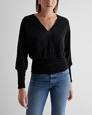 Pleated V-Neck Long Sleeve Surplice Top