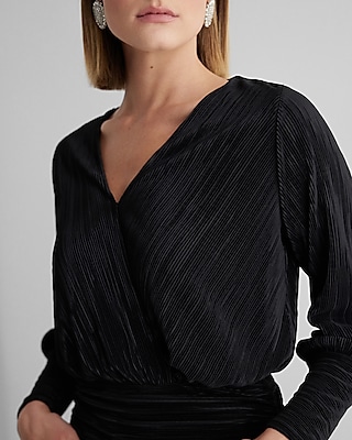 Pleated V-Neck Long Sleeve Surplice Top