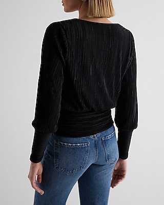 Pleated V-Neck Long Sleeve Surplice Top