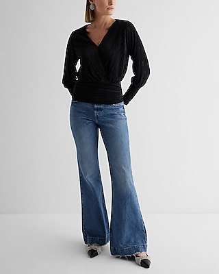 Pleated V-Neck Long Sleeve Surplice Top