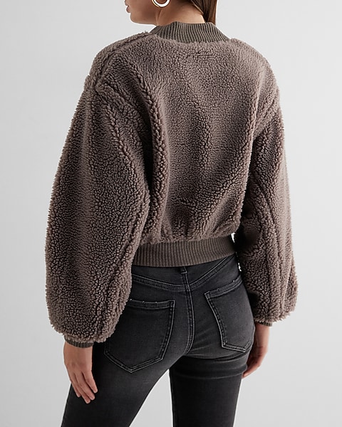 Teddy Cropped Bomber Jacket | Express Teddy Cropped Bomber Jacket | Express